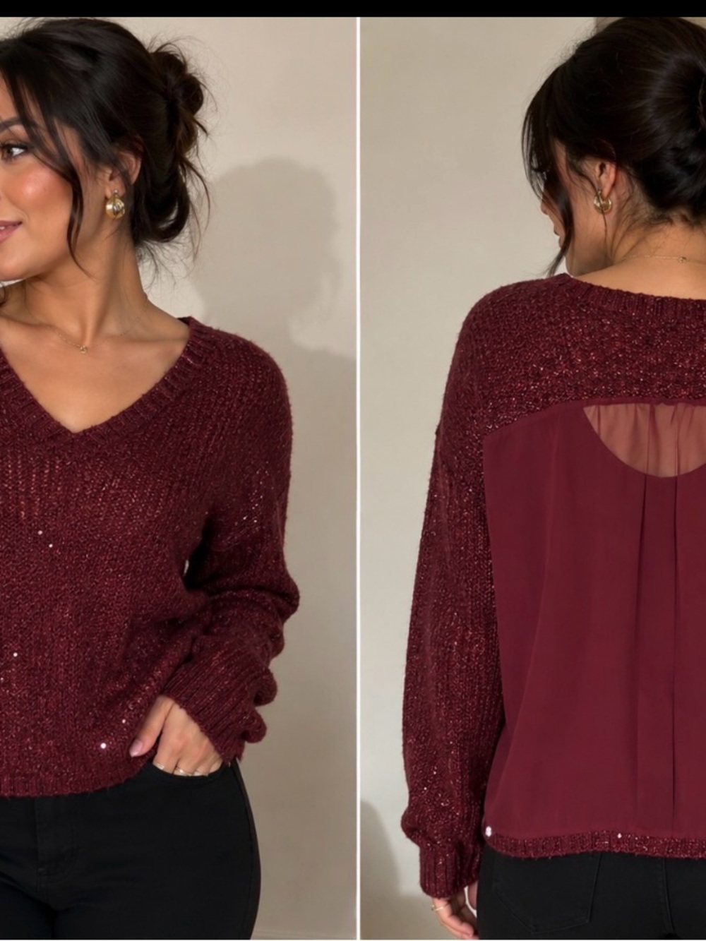 Decree Burgundy sparkle knit sweater sheer chiffon back long sleeve M